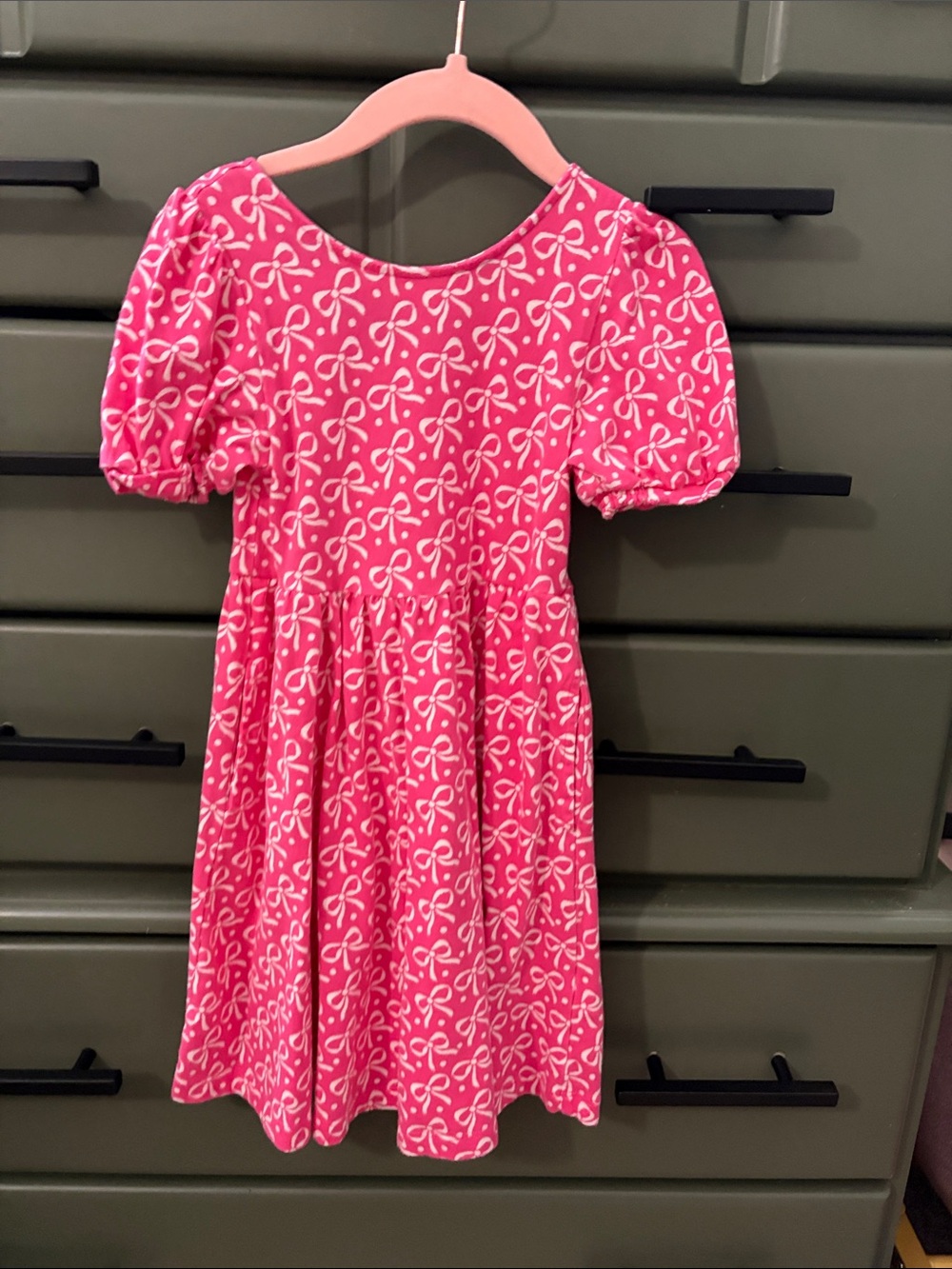 Mini Boden Hot Pink Bow-Print Puff Sleeve Dress size 5-6